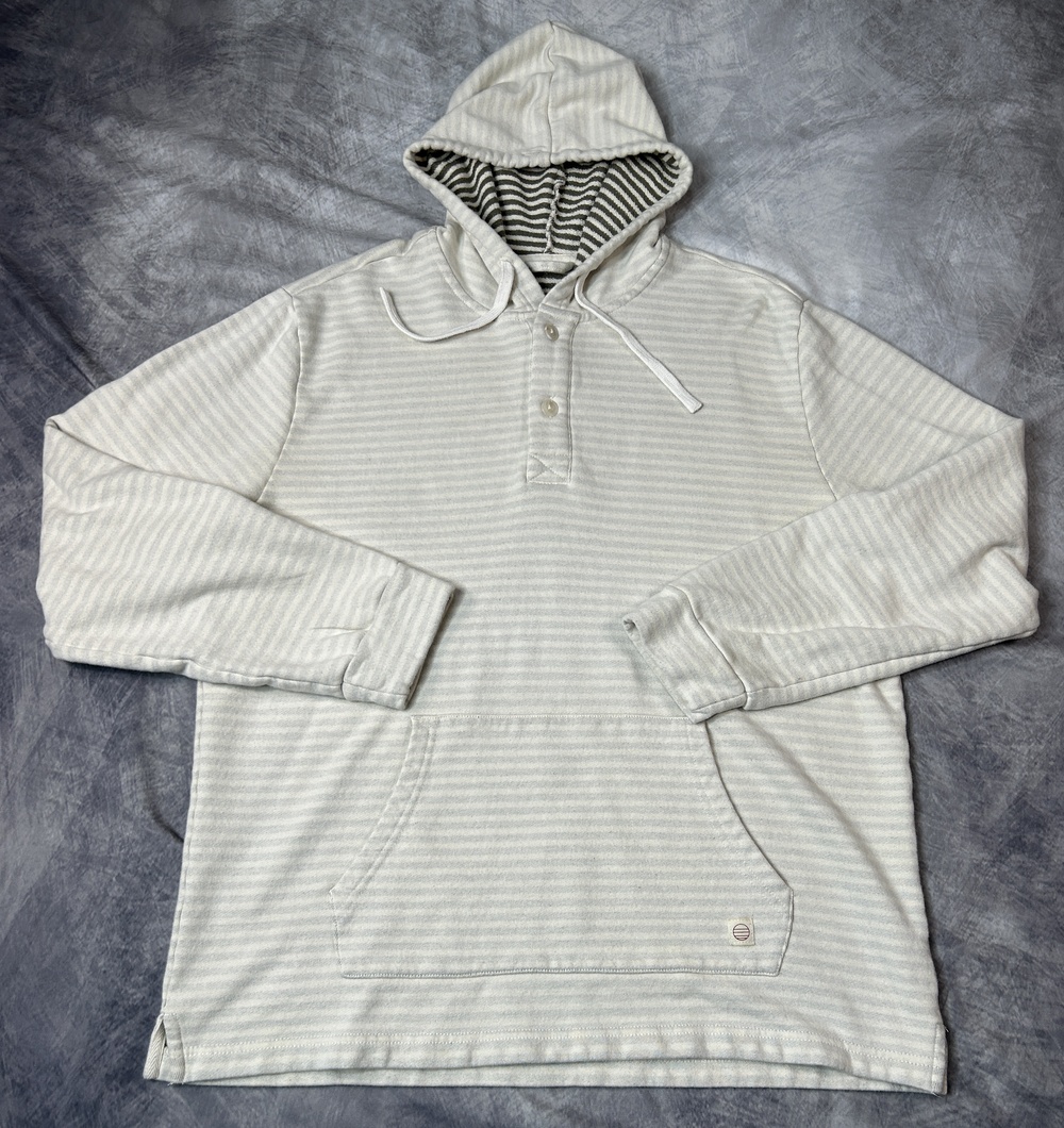 Marine Layer Hoodie Mens Large White Striped Henley Pullover Kangaroo Pocket